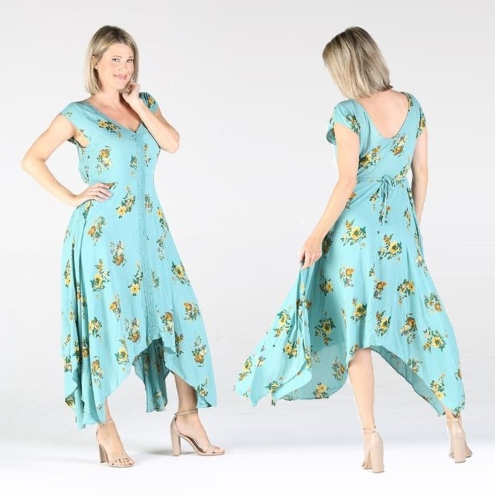 Nostalgia Floral Maxi Dress NWT • Teal Blue • Hanky Hemline • Short Sleeve Boho